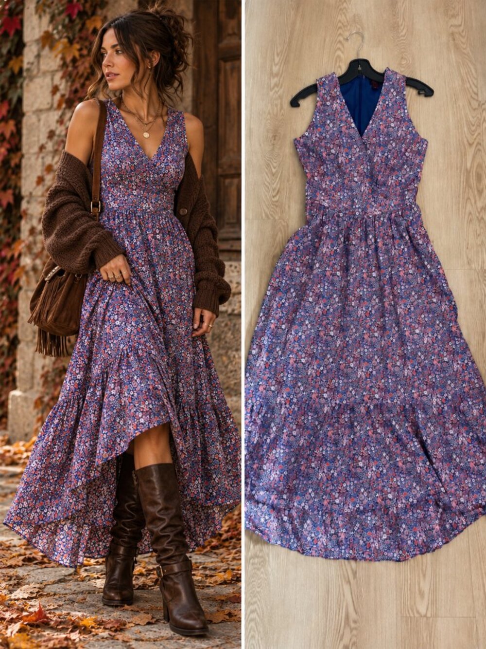J.Crew Navy Purple Red Floral Faux Wrap Midi Dress Tiered Cottagecore 2